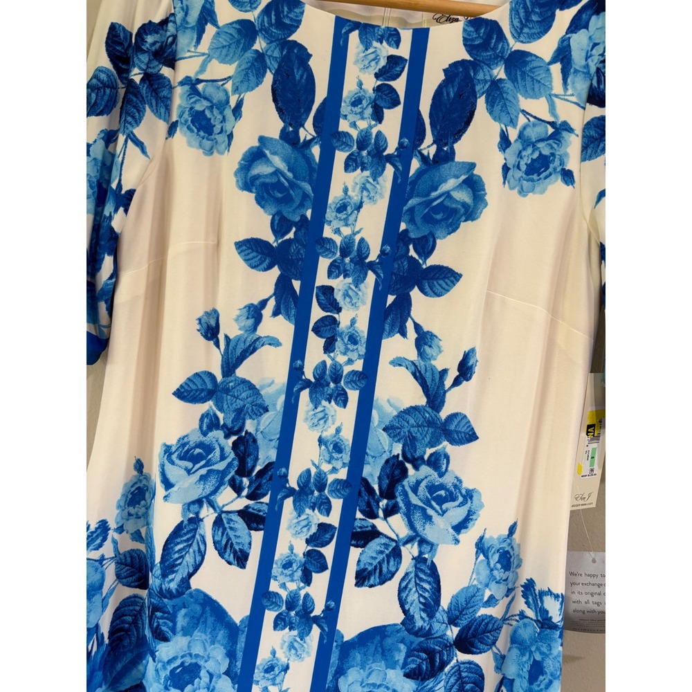 Eliza J Women's 8 Cream Blue Floral Border Print Sheath Dress Ballet Neck - Picture 6 of 9